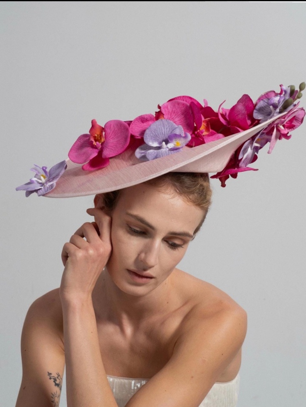 Elegant Pink Floral Saucer Hat with Orchid Accents - Picture 3 of 4